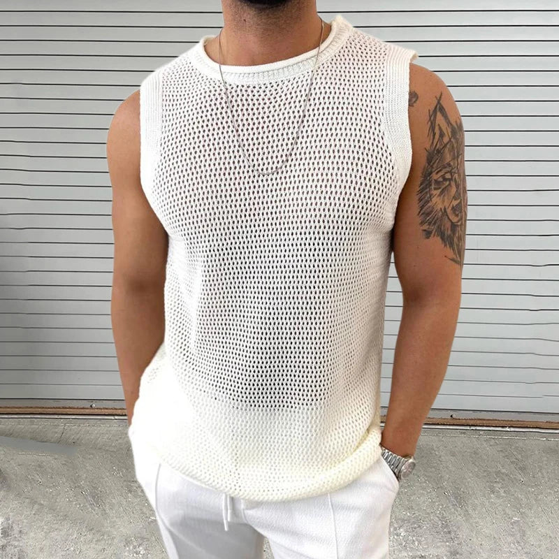 Men’s Summer Leisure Solid Color Hollow Out Mens Knit Camisoles Casual O Neck Sleeveless T Shirt Men Fashion Slim Knitting Tank Tops