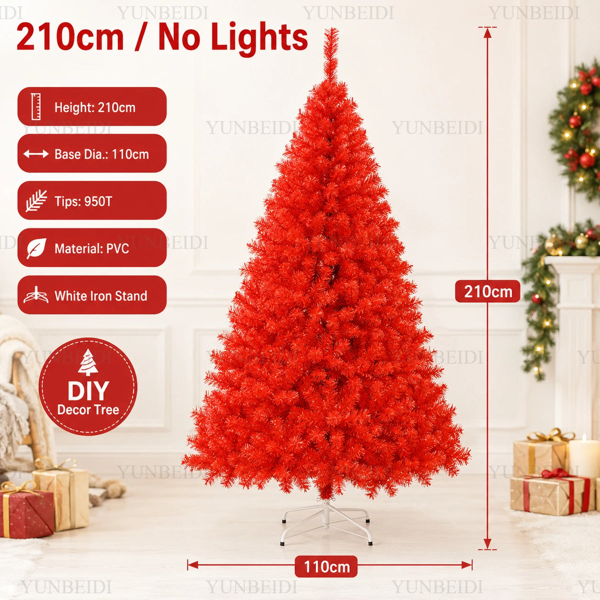 Red Artificial Christmas Tree, 120–240 cm PVC Holiday Tree with Optional Warm White USB LED Lights for Indoor Decorating