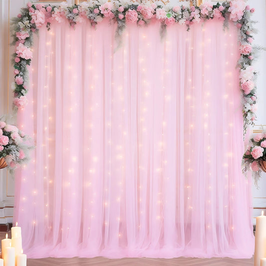 1 Set/2 Pieces Tulle Backdrop Curtains with Lights for Party Wedding Arch Baby Shower Birthday Party Photo Shoot Decorations
