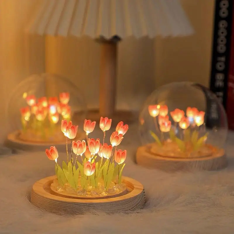 Handmade Artificial Tulip LED Night Light – DIY Transparent Cover Bedside Lamp | Home Decor & Ambient Lighting