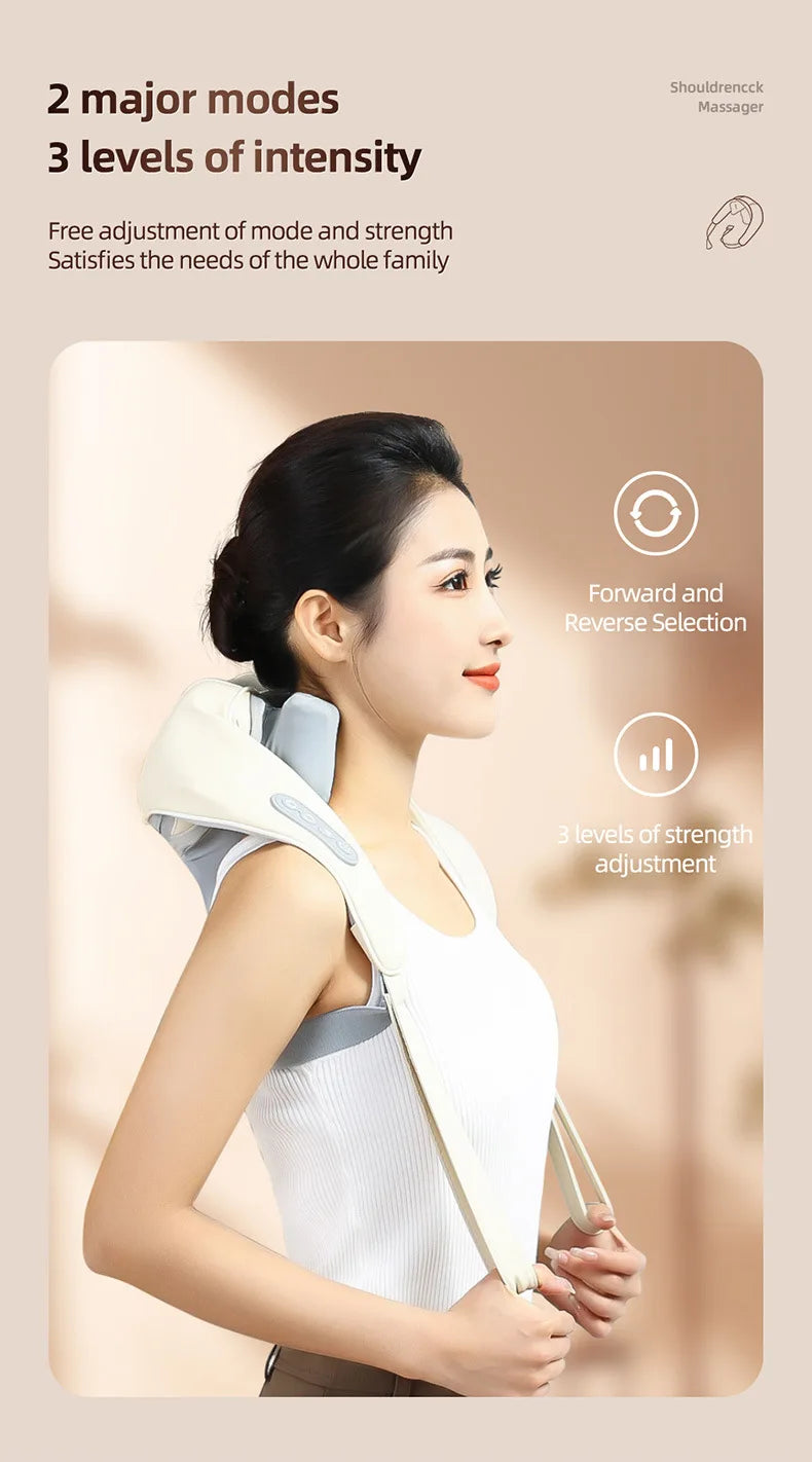 20W Wireless Neck & Shoulder Massager – Beige Kneading Massage Shawl for Back, Cervical & Trapezius