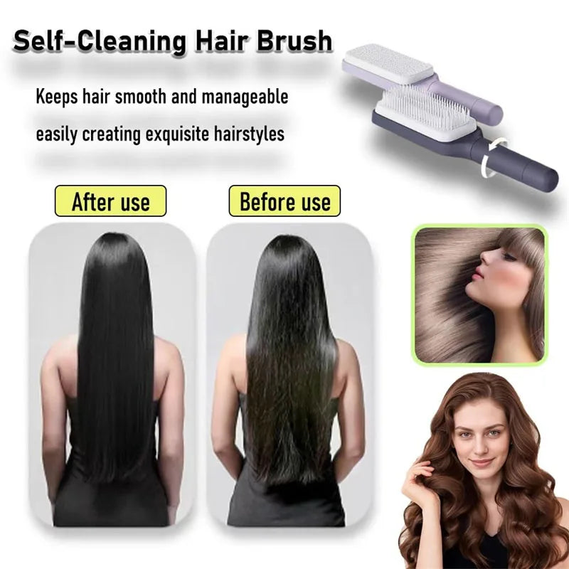 Exclusive Self-Cleaning Hairbrush with Retractable Bristles – Anti-Static Scalp Massager & Easy Hair Removal Comb