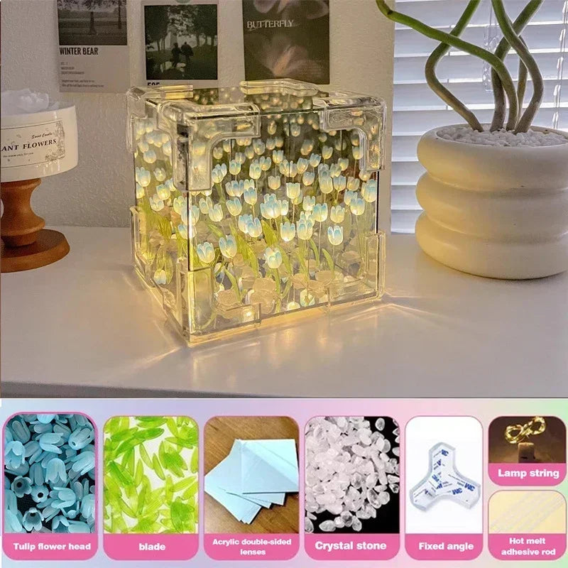 Handmade Artificial Tulip LED Night Light – DIY Transparent Cover Bedside Lamp | Home Decor & Ambient Lighting