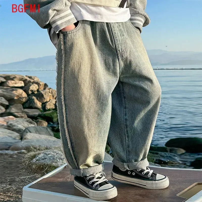 Spring Kids & Teens Streetwear Pants – Boys' Korean-Style Casual Straight-Leg Jeans with Elastic Waist