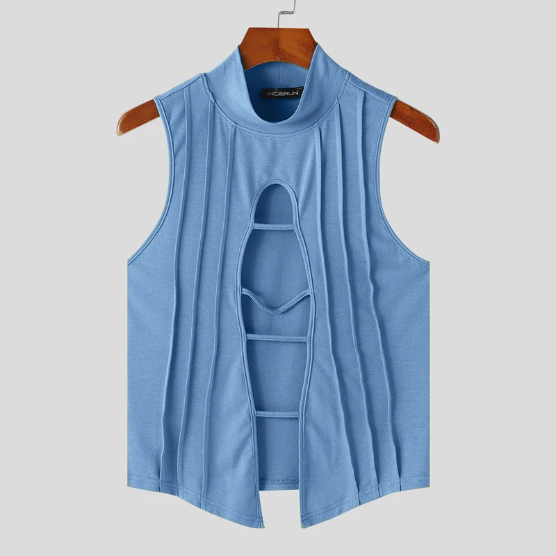 Stylish Clubwear Tops – INCERUN Men's Hollow-Out Semi High Neck Knitted Vests, Fashion Sleeveless Solid Tank Tops (Sizes S–5XL)