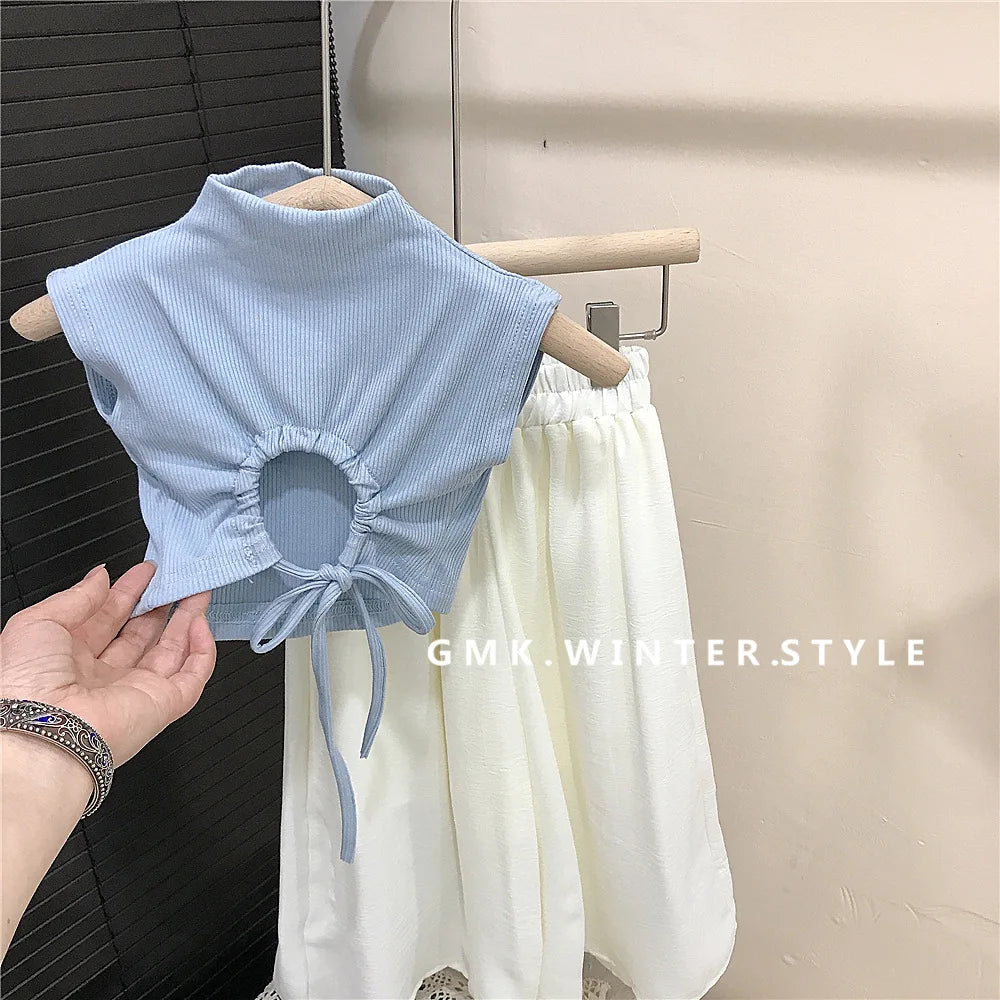 New Fashion Children Girls Two Pieces Set Backless T-Shirt Summer White Wide Leg Pants 2025 Solid Simple Blue Pleated