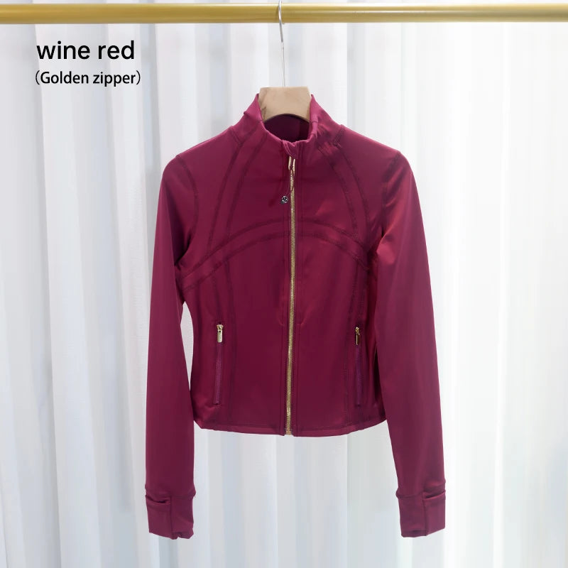 Women's Slim Fit Yoga & Workout Jacket with Gold Zipper – Long Sleeve Athletic Sports Jacket