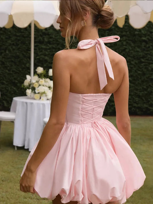 Vintage Corset Puffball Hem Mini Dress – Elegant Halter Pleated High Waist Gown for Women | Summer Party & Clubwear