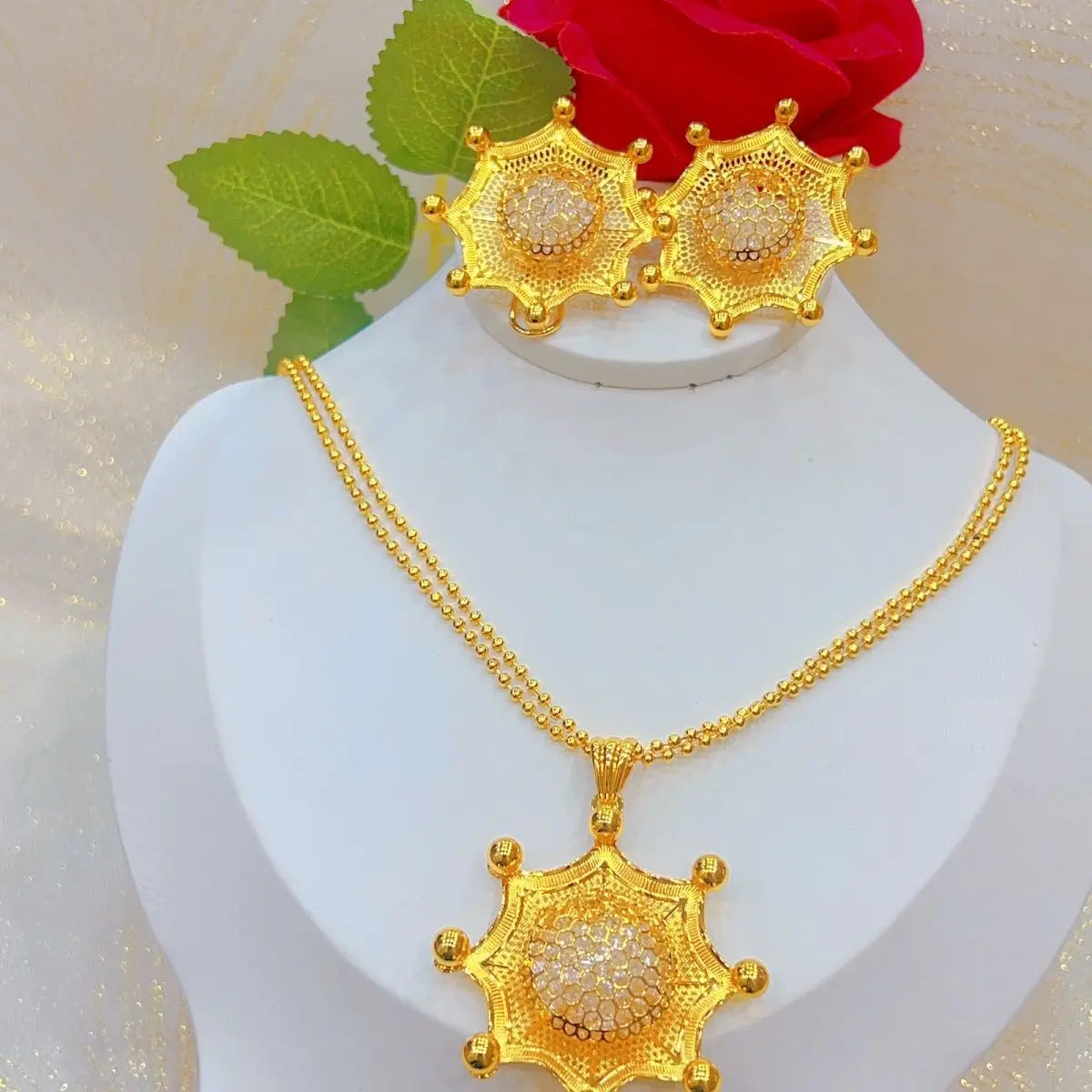 New Dubai 24K Gold-Plated Necklace and Earrings Set for Women's Wedding or Party Jewelry
