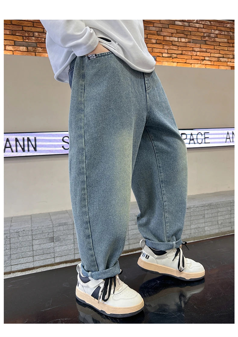 Boys' Straight-Leg Jeans –Street Style, Wide-Leg Fit with Back Pocket Letter Design, Sizes for Medium and Big Kids
