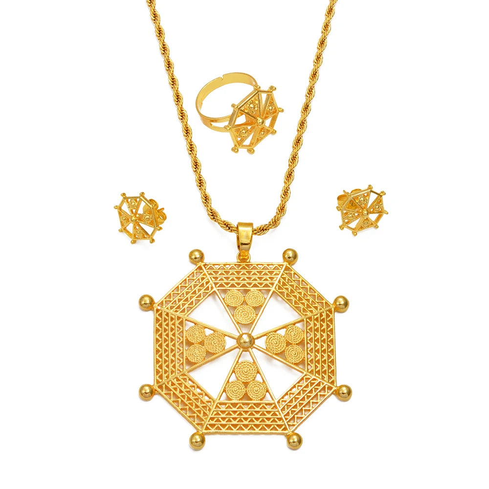 New Ethiopian & Eritrean Jewelry Set – African Ethnic Necklace, Earrings, and Ring for Women & Girls – Wedding or Party Gift