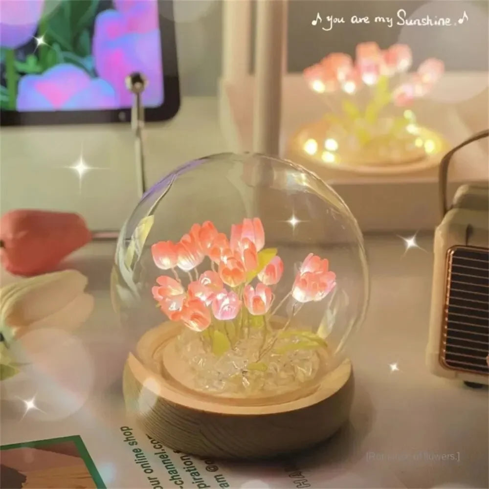 Handmade Artificial Tulip LED Night Light – DIY Transparent Cover Bedside Lamp | Home Decor & Ambient Lighting