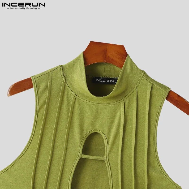 Stylish Clubwear Tops – INCERUN Men's Hollow-Out Semi High Neck Knitted Vests, Fashion Sleeveless Solid Tank Tops (Sizes S–5XL)