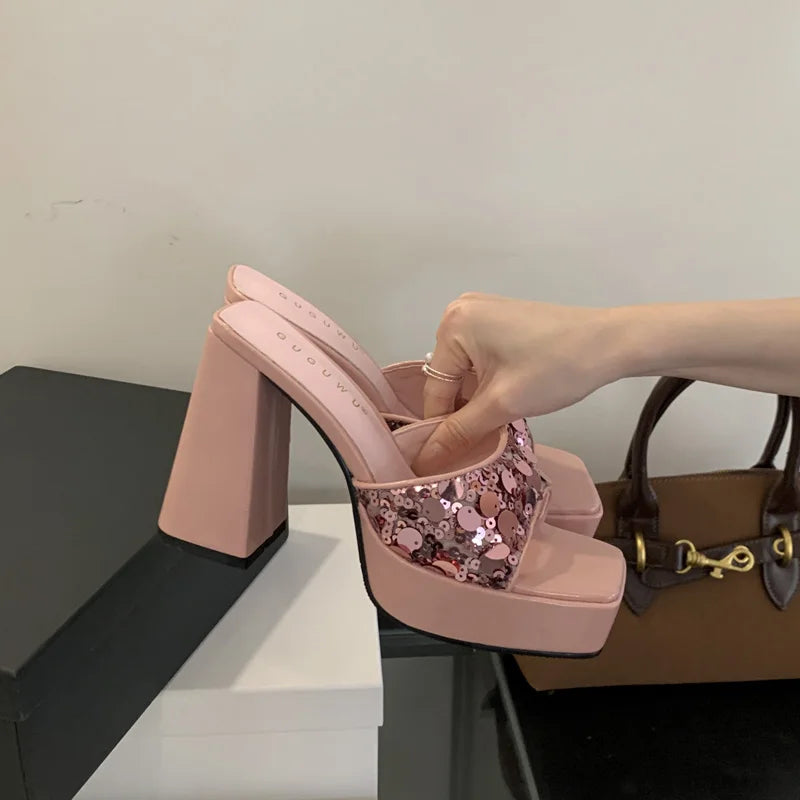 Silver & Pink Chunky Heel Platform Sandals – Square Toe Slip-On High Heels for Women