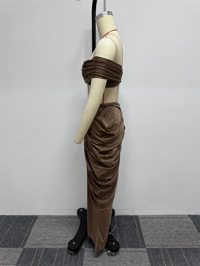 Party Night Ruched Maxi Dress Sets for Women Two Piece Set Sexy Club Outfits Slash Neck Crop Top + Long Skirt Matching Sets