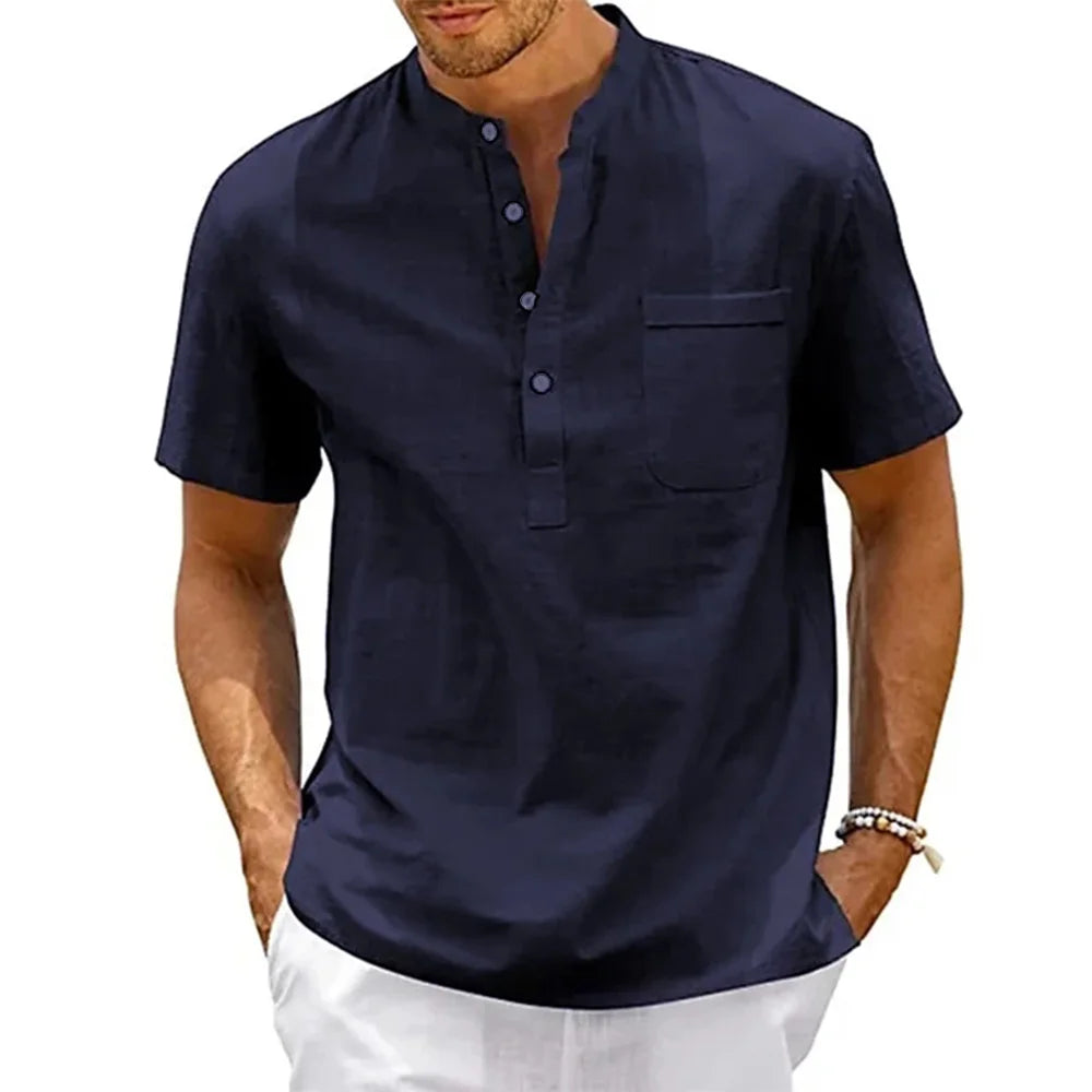 Men’s Cotton Linen Henley Shirt – Casual Short Sleeve Solid Color Beach Top with Pocket, Vintage Streetwear