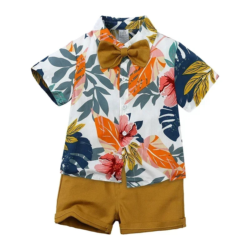 Baby Boys Summer Hawaiian Outfit – Infant & Toddler Gentleman Set with Floral Shirt, Bowtie & Shorts