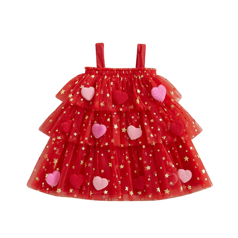 1-9 Years Girls Fashion Valentine Day Dress Kids Star Print Square Neck Sleeveless Children’s Layered Tulle with 3D Heart Clothes