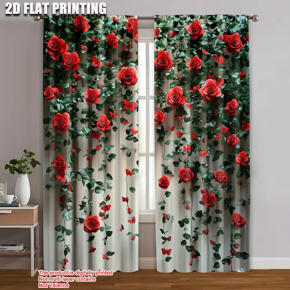 2Pcs 2D Flat Printed Rose & Butterfly Scene Curtains – Floral Polyester Panels, Machine Washable, No Electricity Required, Party or Room Decoration