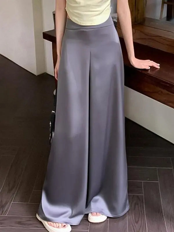 Women's High-Waisted White Satin Wide-Leg Pants – Elegant Floor-Length Spring/Summer Trousers