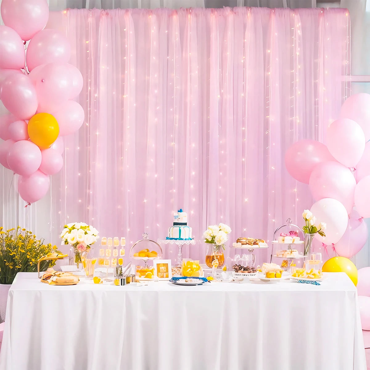 1 Set/2 Pieces Tulle Backdrop Curtains with Lights for Party Wedding Arch Baby Shower Birthday Party Photo Shoot Decorations