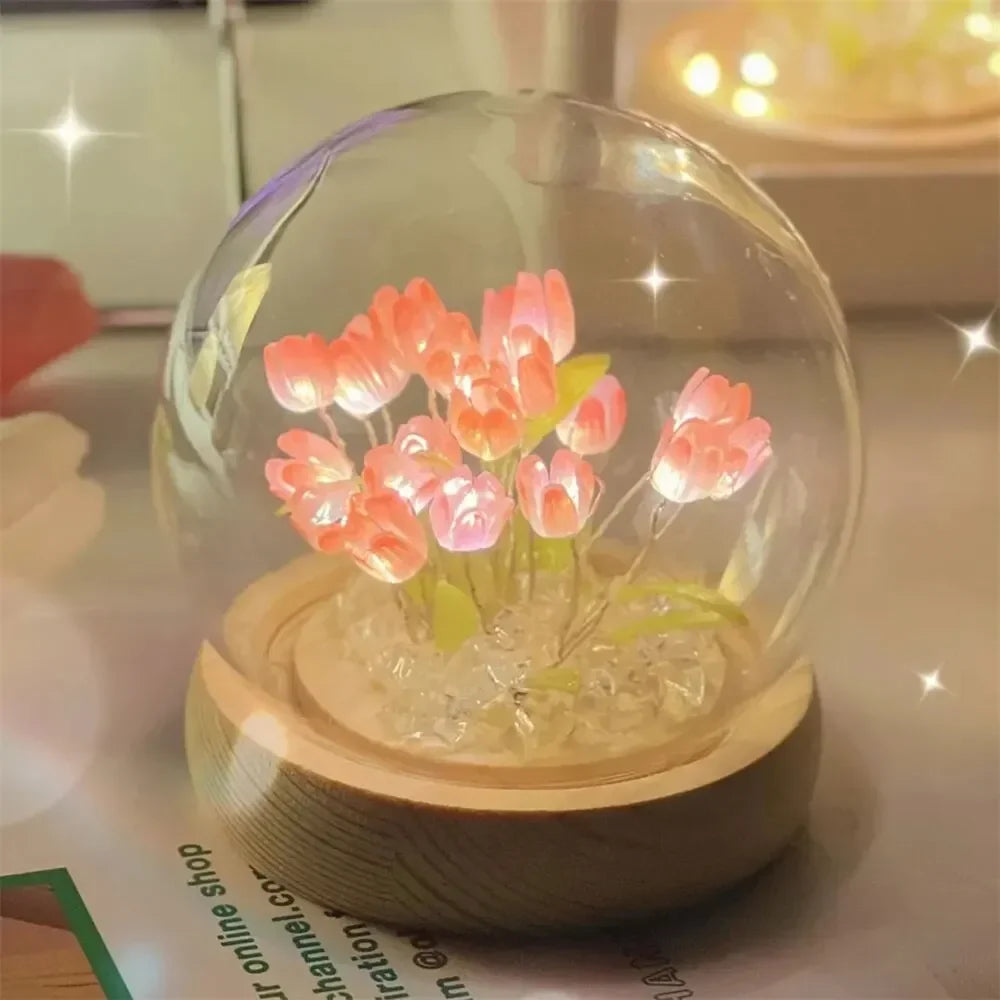Handmade Artificial Tulip LED Night Light – DIY Transparent Cover Bedside Lamp | Home Decor & Ambient Lighting