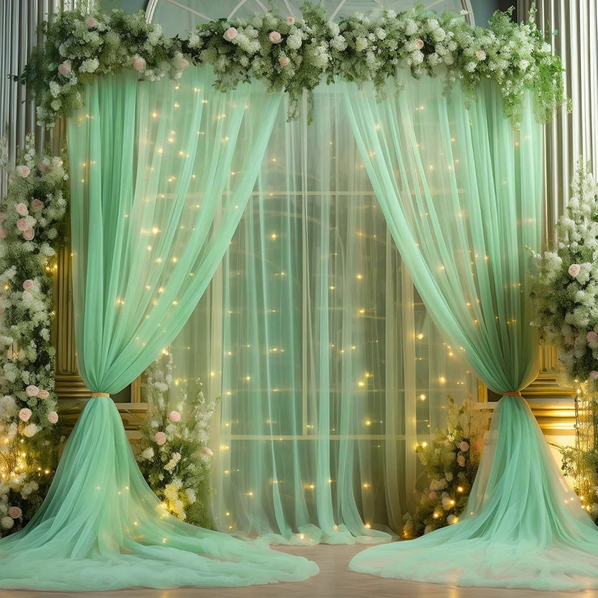 1 Set/2 Pieces Tulle Backdrop Curtains with Lights for Party Wedding Arch Baby Shower Birthday Party Photo Shoot Decorations
