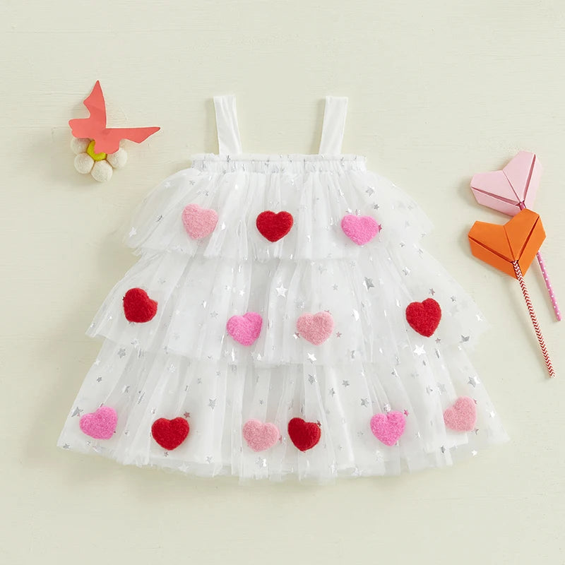 1-9 Years Girls Fashion Valentine Day Dress Kids Star Print Square Neck Sleeveless Children’s Layered Tulle with 3D Heart Clothes