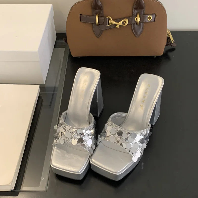 Silver & Pink Chunky Heel Platform Sandals – Square Toe Slip-On High Heels for Women