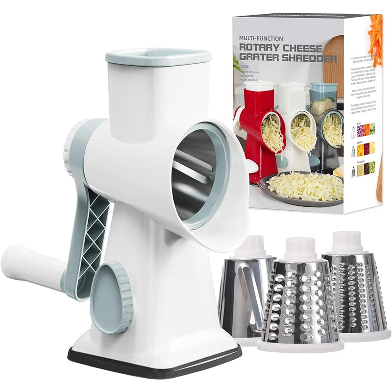 3-in-1 Rotary Cheese Grater – Manual Vegetable Slicer and Nut Grinder with Stainless Steel Blades