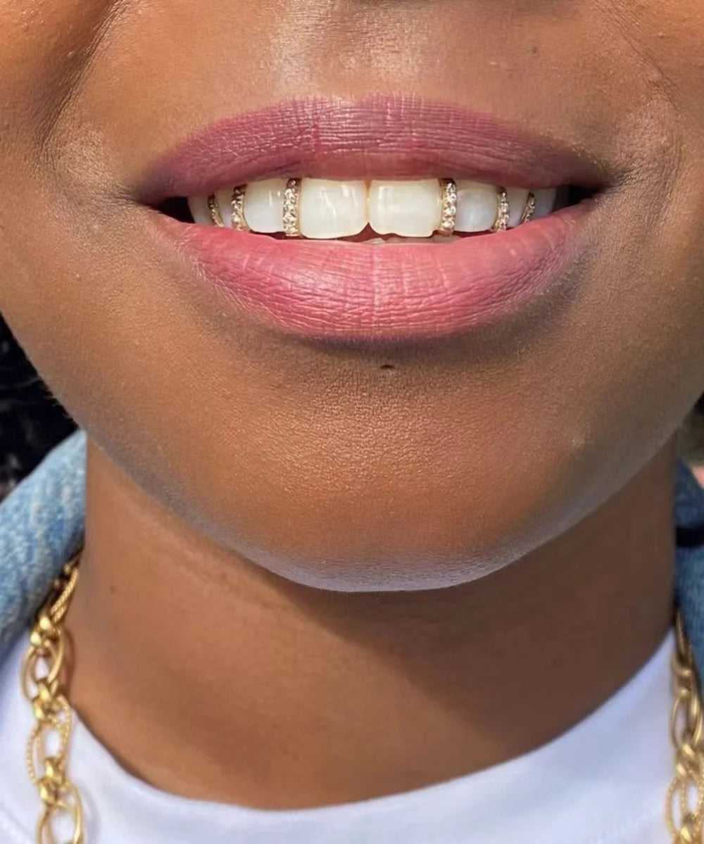 RACHELZ Hip Hop Long Stick Vertical Bar CZ Stone Teeth Grillz Zircon Tooth Caps Decor For Women Men Jewelry Gift