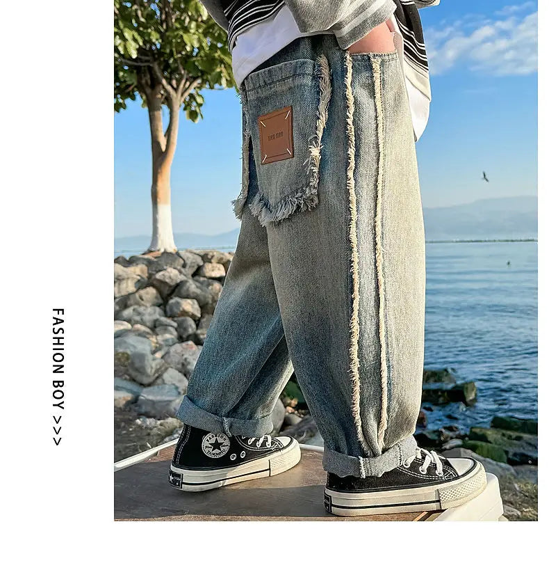 Spring Kids & Teens Streetwear Pants – Boys' Korean-Style Casual Straight-Leg Jeans with Elastic Waist