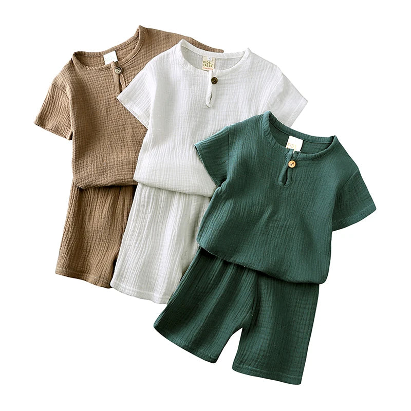2025 Toddler Summer Boy Girl Outfits Cotton Linen Solid T-shirt Shorts Clothes For Children Korean Casual Breathable Clothes Set