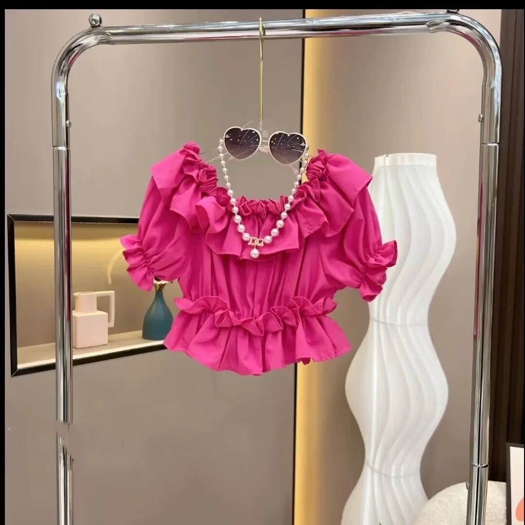 New Teenage Fashion Summer Sets, Baby Girls Ruffles Top+ Mesh Cake Skrits 4-12T