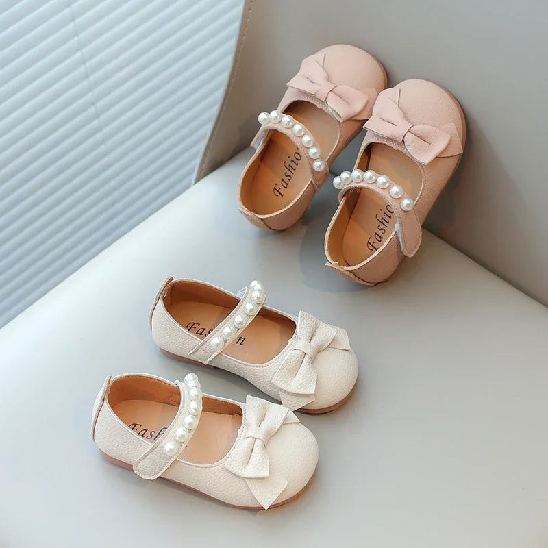 Baby Toddler Girls Party Shoes Leather Pearls Beaded with Butterfly-knot Kids Mary Janes PU Leather Soft Cute Flats