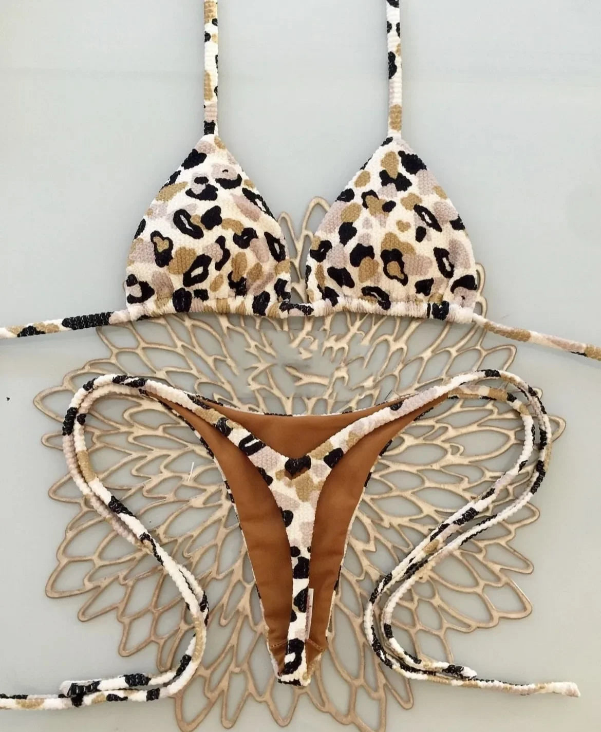 Women's Leopard Print Bikini Set – Two-Piece Swimsuit with Striped Thong Bottom – Summer Beachwear