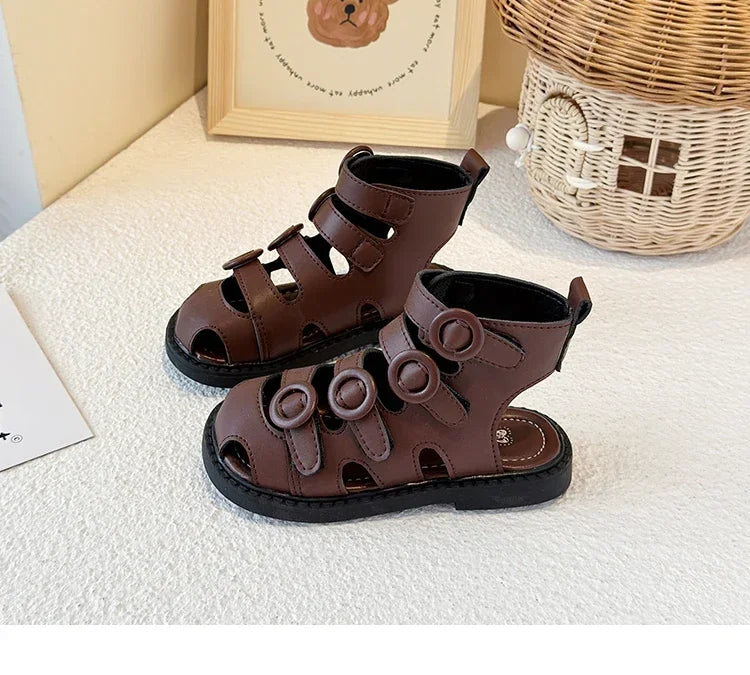 Kids High-Top Beach Shoes – Hollowed-Out Princess Sandals with Hook & Loop Strap | Trendy Summer Solid Color Children’s Sandals