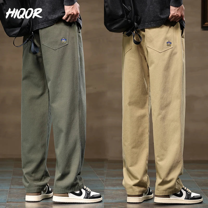 HIQOR Men's Casual Jogger Pants – Loose Straight-Leg Cotton Vintage Cargo Trousers, Solid Color Streetwear