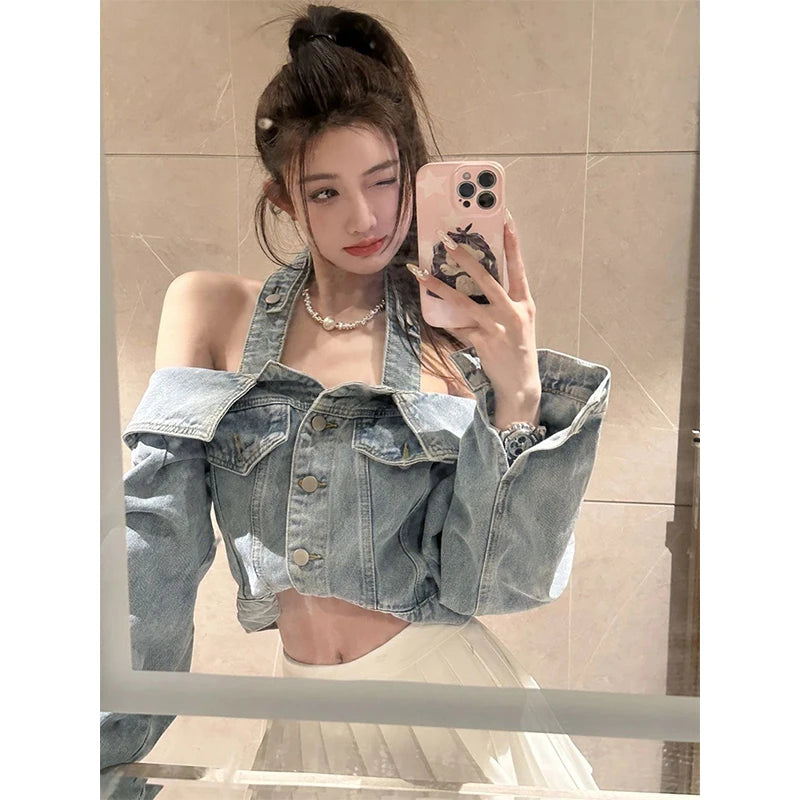 Y2K Cropped Denim Jacket for Women – Vintage Slash Neck Halter Jean Coat with Long Sleeves, Casual Streetwear Outerwear