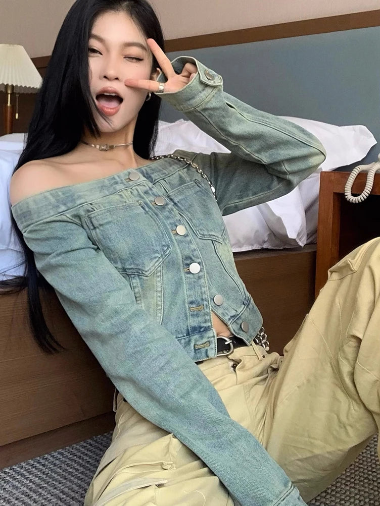 Korean Fashion Off-Shoulder Cropped Denim Jacket – Vintage Button-Up Long Sleeve Jean Shirt for Women