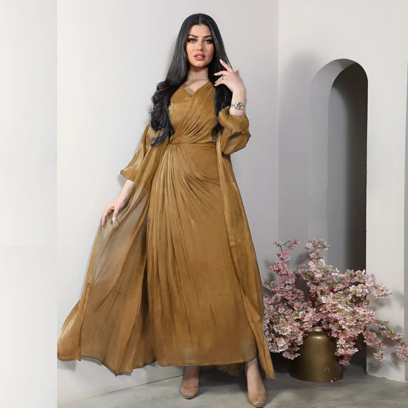 Moroccan women Party Dress Abaya 2 Piece Set Silky Satin Dubai Dresses Caftan Evening Long Robe Vestidos