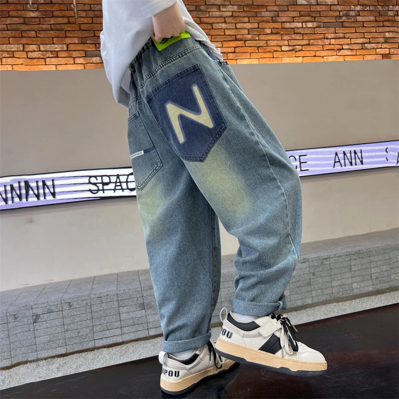 Boys' Straight-Leg Jeans –Street Style, Wide-Leg Fit with Back Pocket Letter Design, Sizes for Medium and Big Kids
