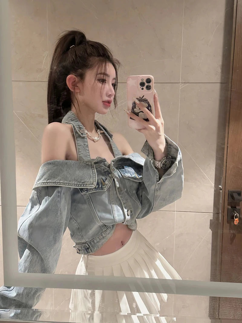 Y2K Cropped Denim Jacket for Women – Vintage Slash Neck Halter Jean Coat with Long Sleeves, Casual Streetwear Outerwear