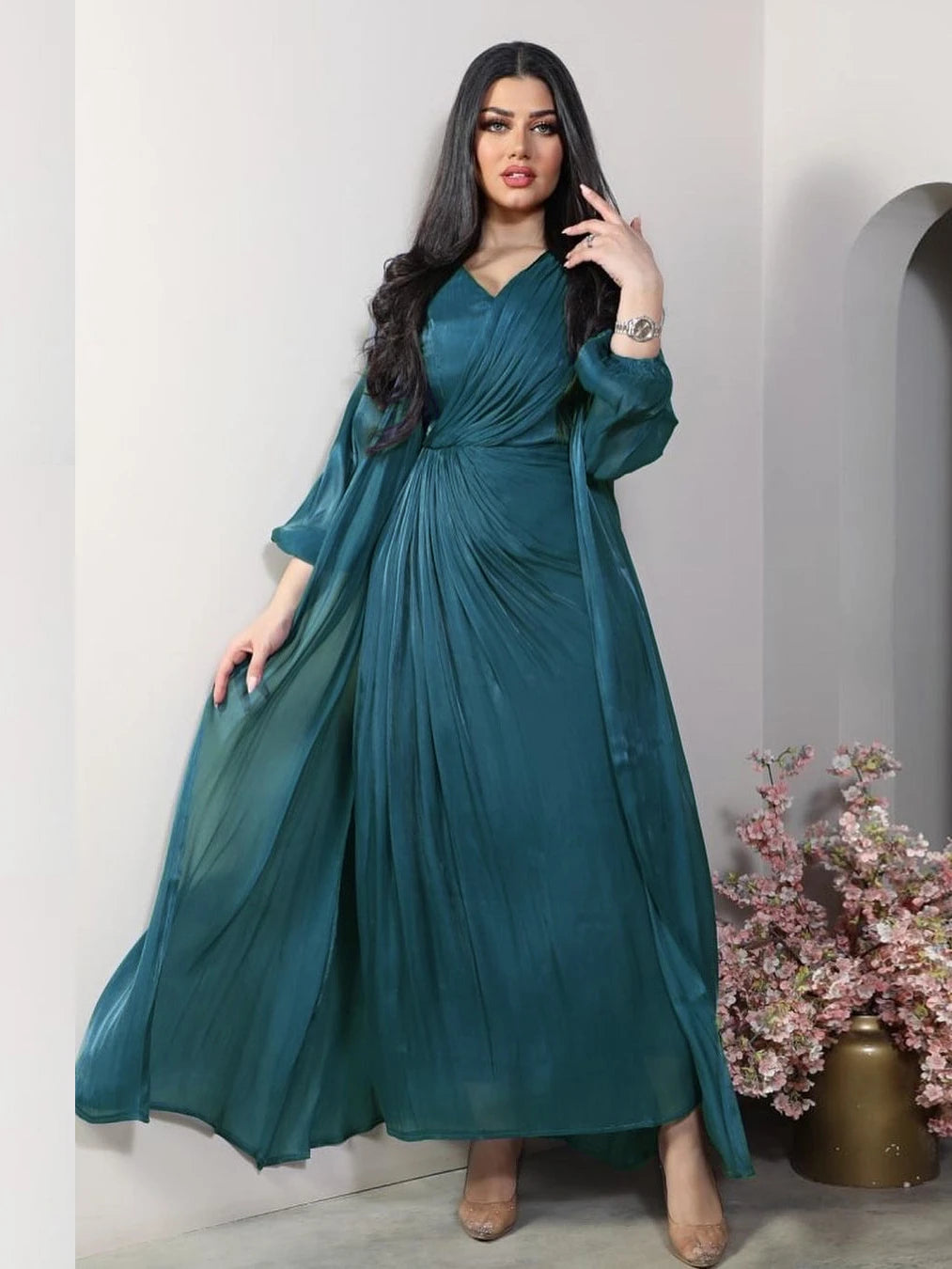 Moroccan women Party Dress Abaya 2 Piece Set Silky Satin Dubai Dresses Caftan Evening Long Robe Vestidos