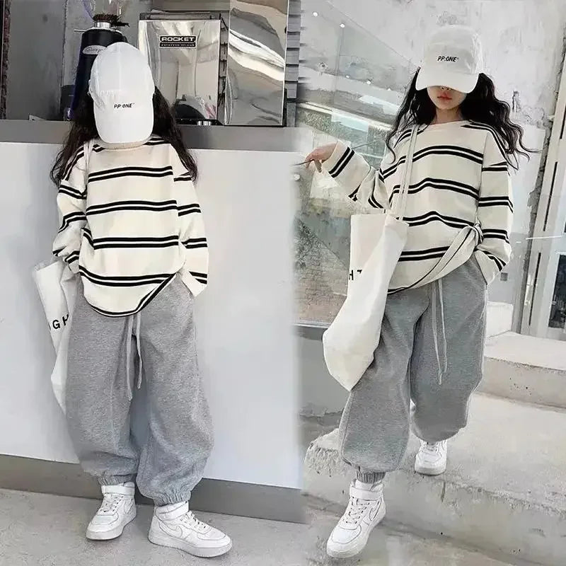 MINISO Simple Kids' Clothing Set for Girls - 2-Piece Outfit, Long Sleeve Striped Top + Loose Pants, for Teen Girls Ages 6-14