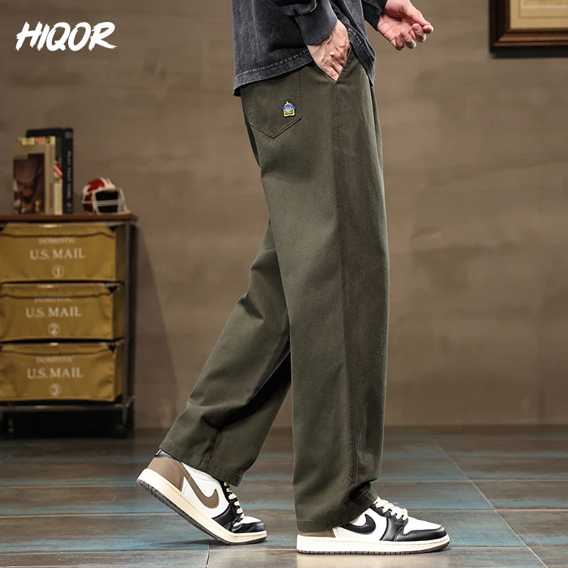 HIQOR Men's Casual Jogger Pants – Loose Straight-Leg Cotton Vintage Cargo Trousers, Solid Color Streetwear