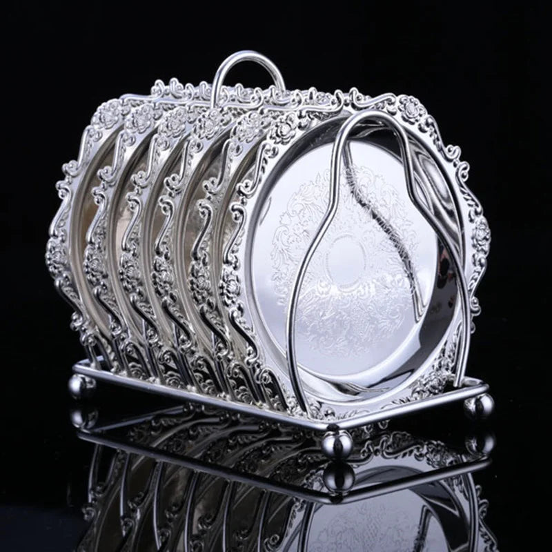 Vintage Golden Cocktail Coaster Metal Exquisite Cake Tray Set Silver Plated Mat Placemat Snack  Dishes Rack Set