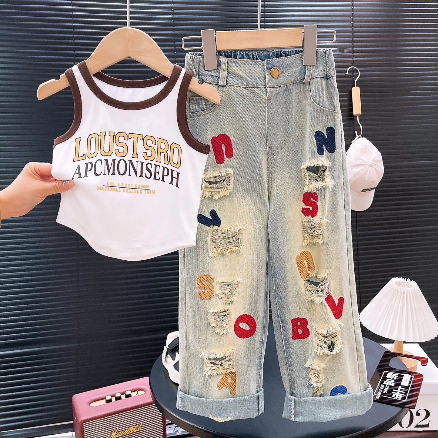 Spring Summer Girls Clothing Set – Big Girl Fashion T-Shirt Vest Top + Letter Embroidered Jeans – Street Dance Performance Costume