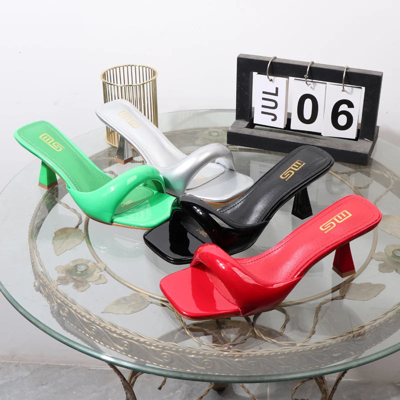 Women's Open-Toe High Heel Slippers – 7cm Thin Heel Red Sandals for Banquets & Parties