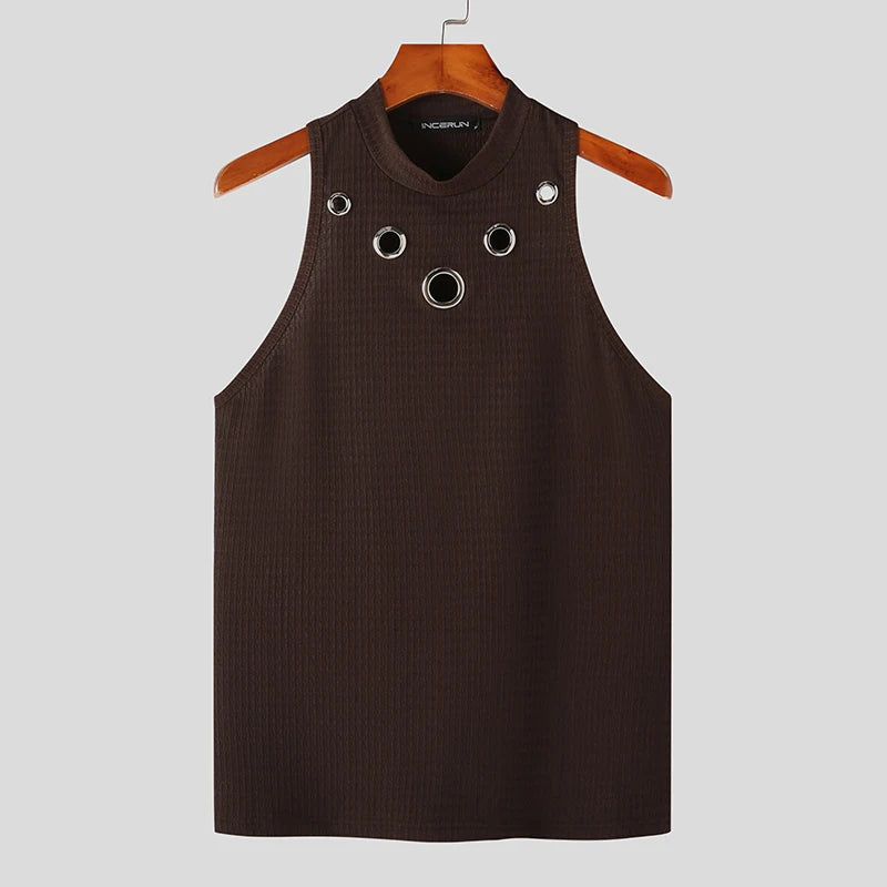 INCERUN Fashion Men's Tank Tops Hollow-Out Solid Turtleneck Sleeveless Vests for Men, Streetwear Summer 2024 Casual Clothing, Male T-shirtAvailable in S-5XL